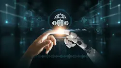 AI-generated concept image of a human finger and robot finger touching. AI-generated concept image of a human finger and robot finger touching.