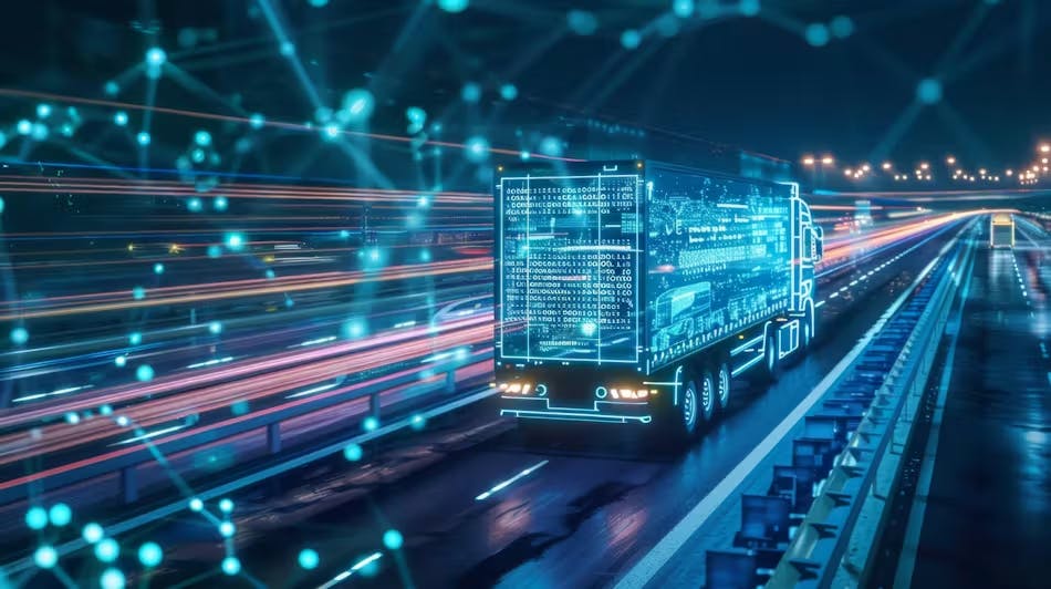 Futuristic concept of a freight truck on a blue highway.