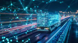 Futuristic concept of a freight truck on a blue highway.