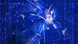 Hooded hacker smashing blue screen with one hand.in front of blue binary background representing cybersecurity. Hooded hacker smashing blue screen with one hand.in front of blue binary background representing cybersecurity.