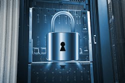 Concept image of a lock in front of a server for cyberattack prevention. Concept image of a lock in front of a server for cyberattack prevention.