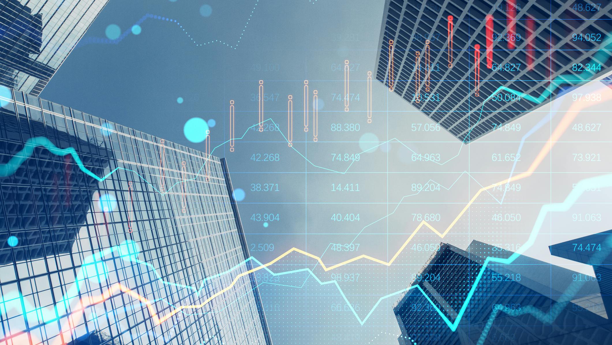 Multiple stock graphs and numerical data overlaid on a cityscape, representing finance and economy.