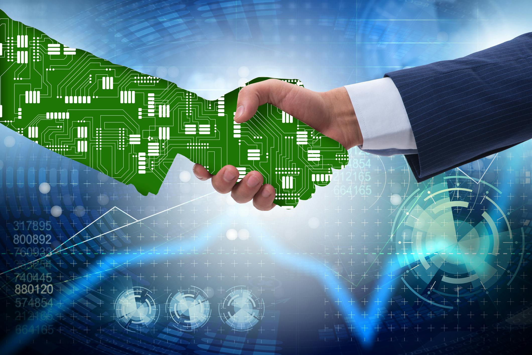 Technology supply chain partnerships represented by a handshake.