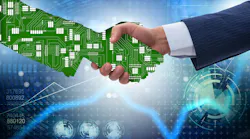 Technology supply chain partnerships represented by a handshake. Technology supply chain partnerships represented by a handshake.
