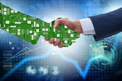 Technology supply chain partnerships represented by a handshake. Technology supply chain partnerships represented by a handshake.