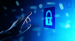 Woman’s finger reaching for padlock icon on blue screen representing cybersecurity. Woman’s finger reaching for padlock icon on blue screen representing cybersecurity.