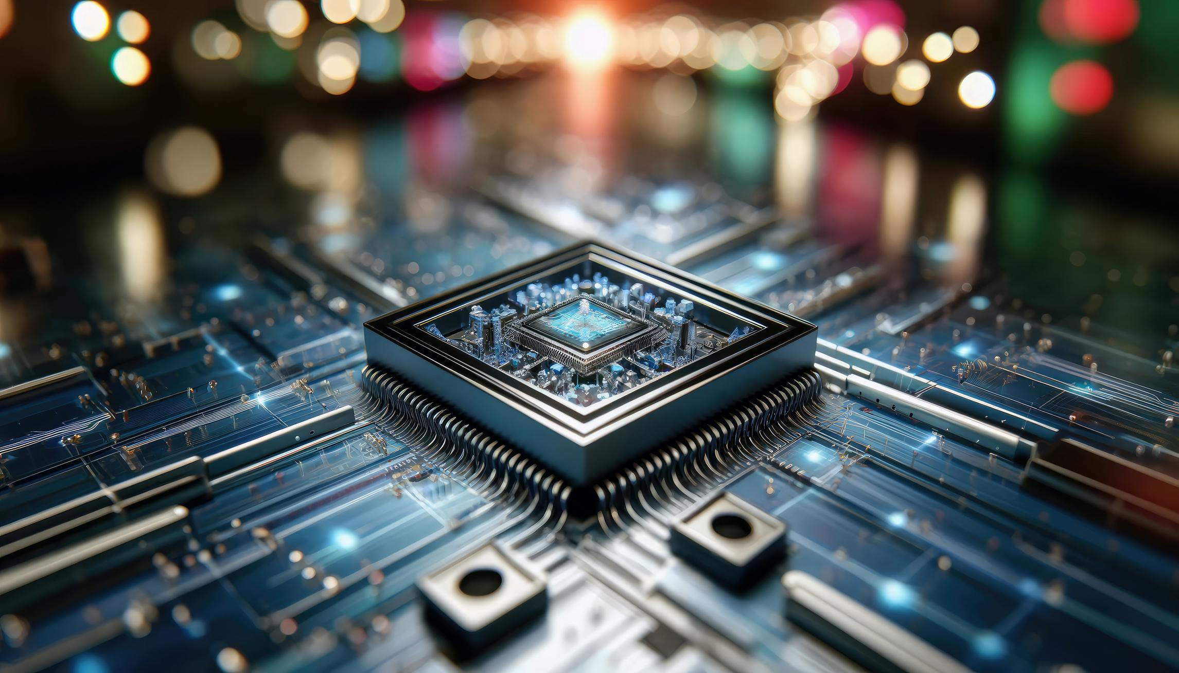 Close-up of semiconductor chip for AI computer.