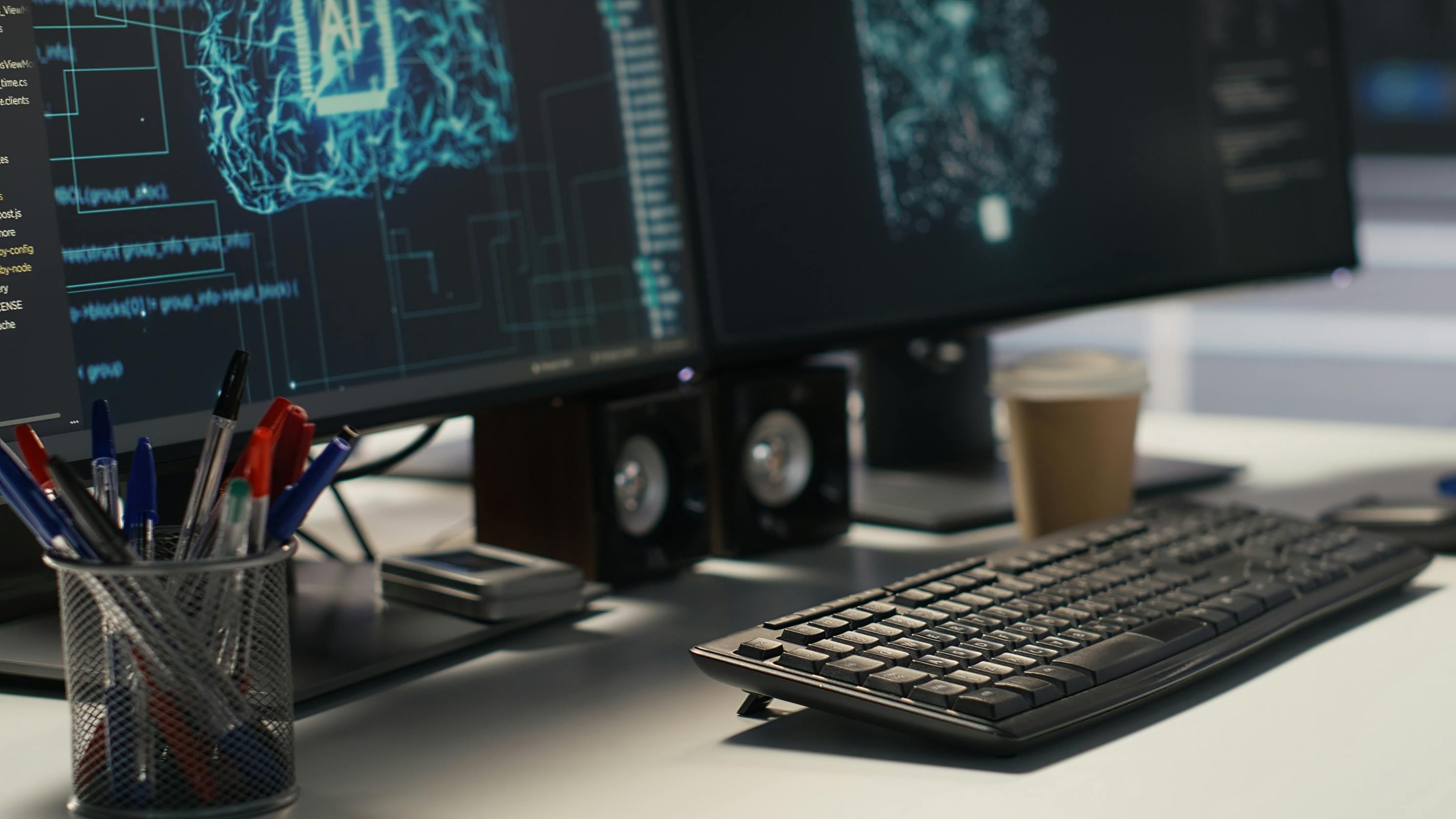 Data center PC screens displays monitoring backend infrastructure performance used in AI model development and automation workloads.
