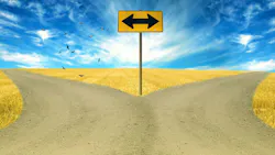 Drawing of a fork in the road split by a road arrows sign with blue sky and countryside landscape.