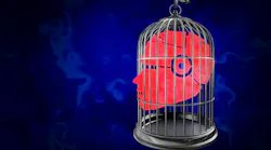 Robotic Automation control guided by Humans as advances needing guard rails and oversight as a cage symbol controlling advanced computer thinking