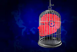 Robotic Automation control guided by Humans as advances needing guard rails and oversight as a cage symbol controlling advanced computer thinking