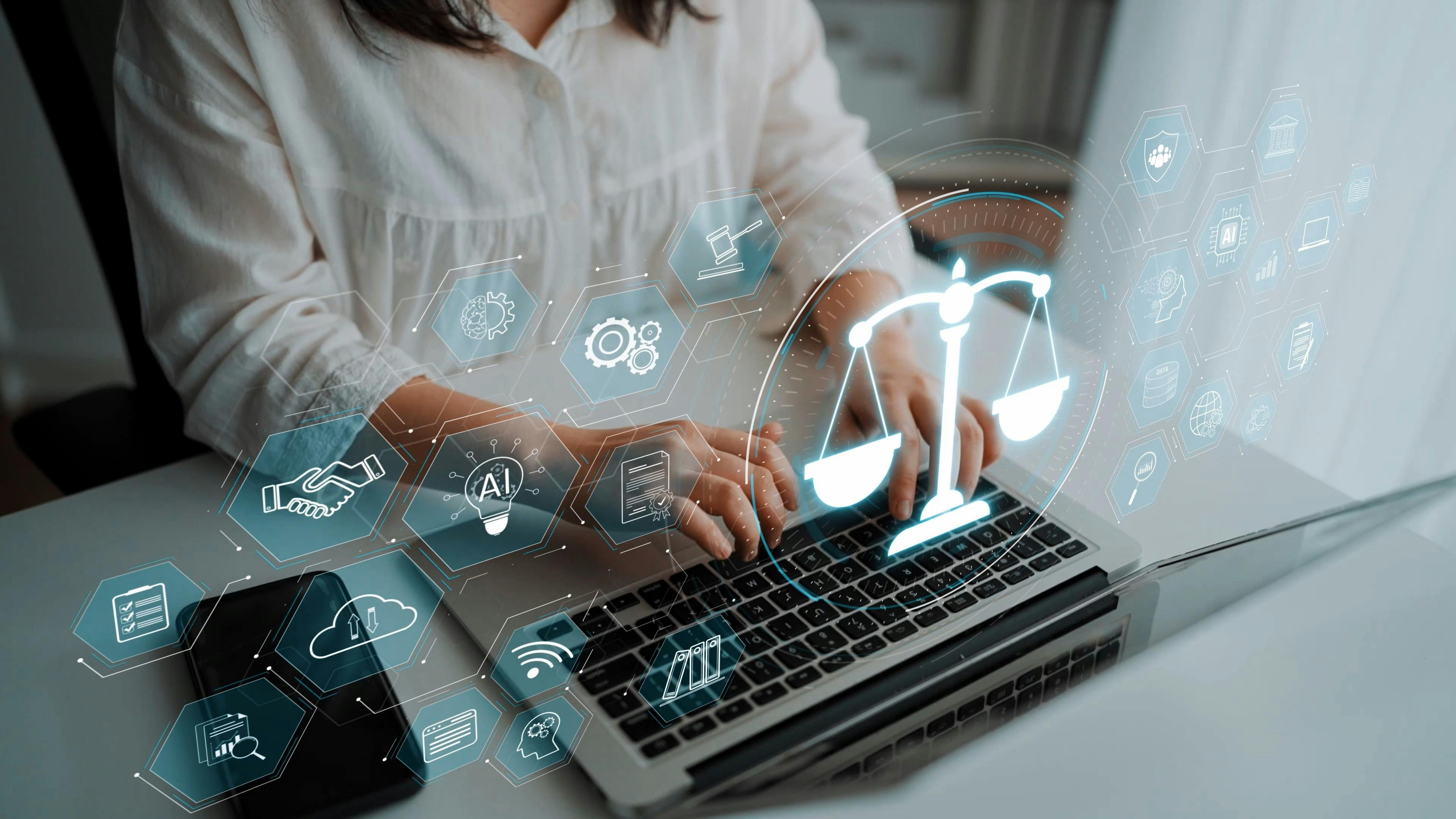 Hybrid image of woman working on laptop with symbols for AI, scales of justice, finances and other operations.