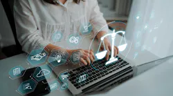 Hybrid image of woman working on laptop with symbols for AI, scales of justice, finances and other operations.