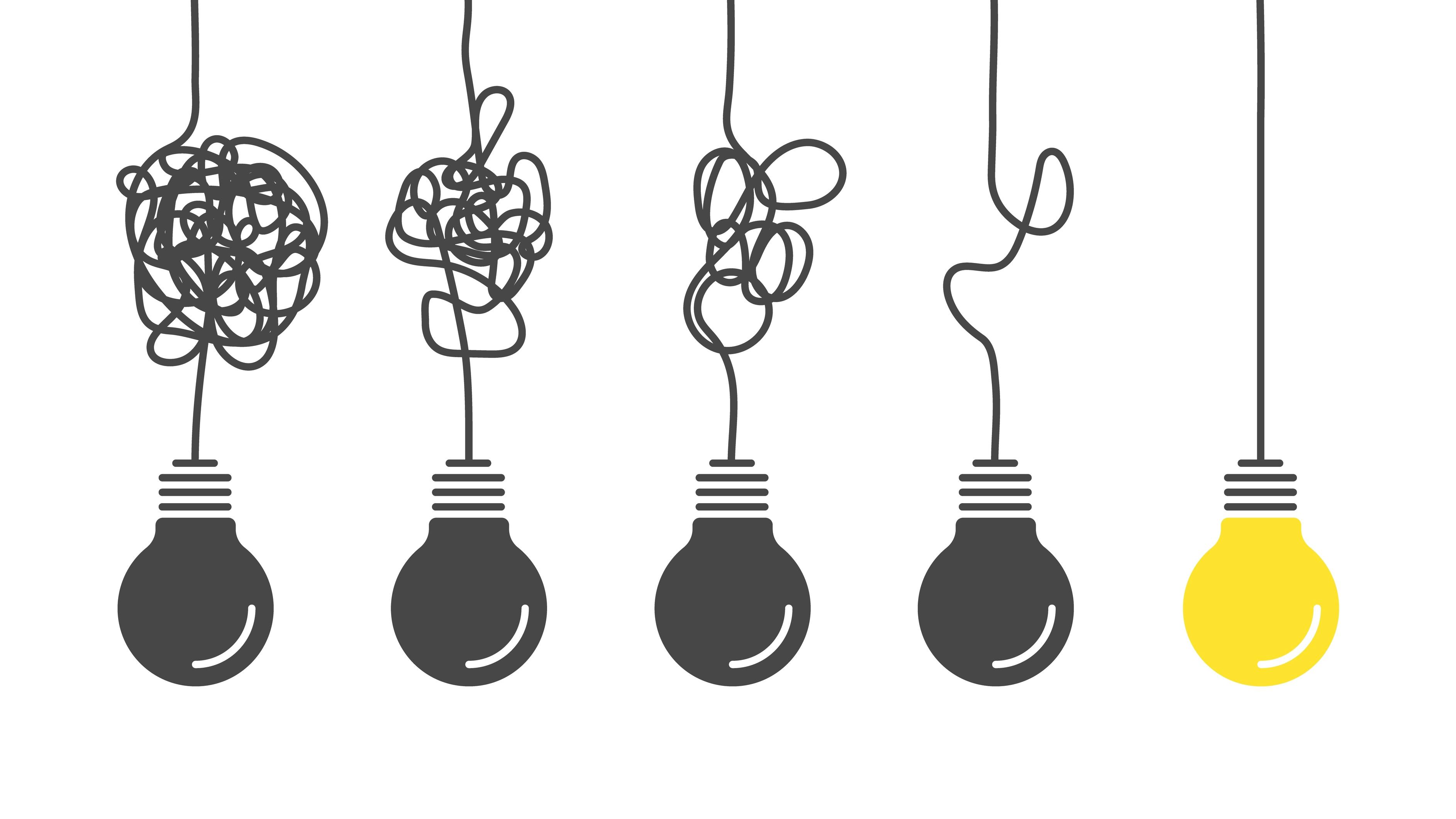 From complex to simple. Simplification streamlining process, complex confusion, clarity idea solution with light bulbs vector complicating problem conce