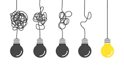 From complex to simple. Simplification streamlining process, complex confusion, clarity idea solution with light bulbs vector complicating problem conce