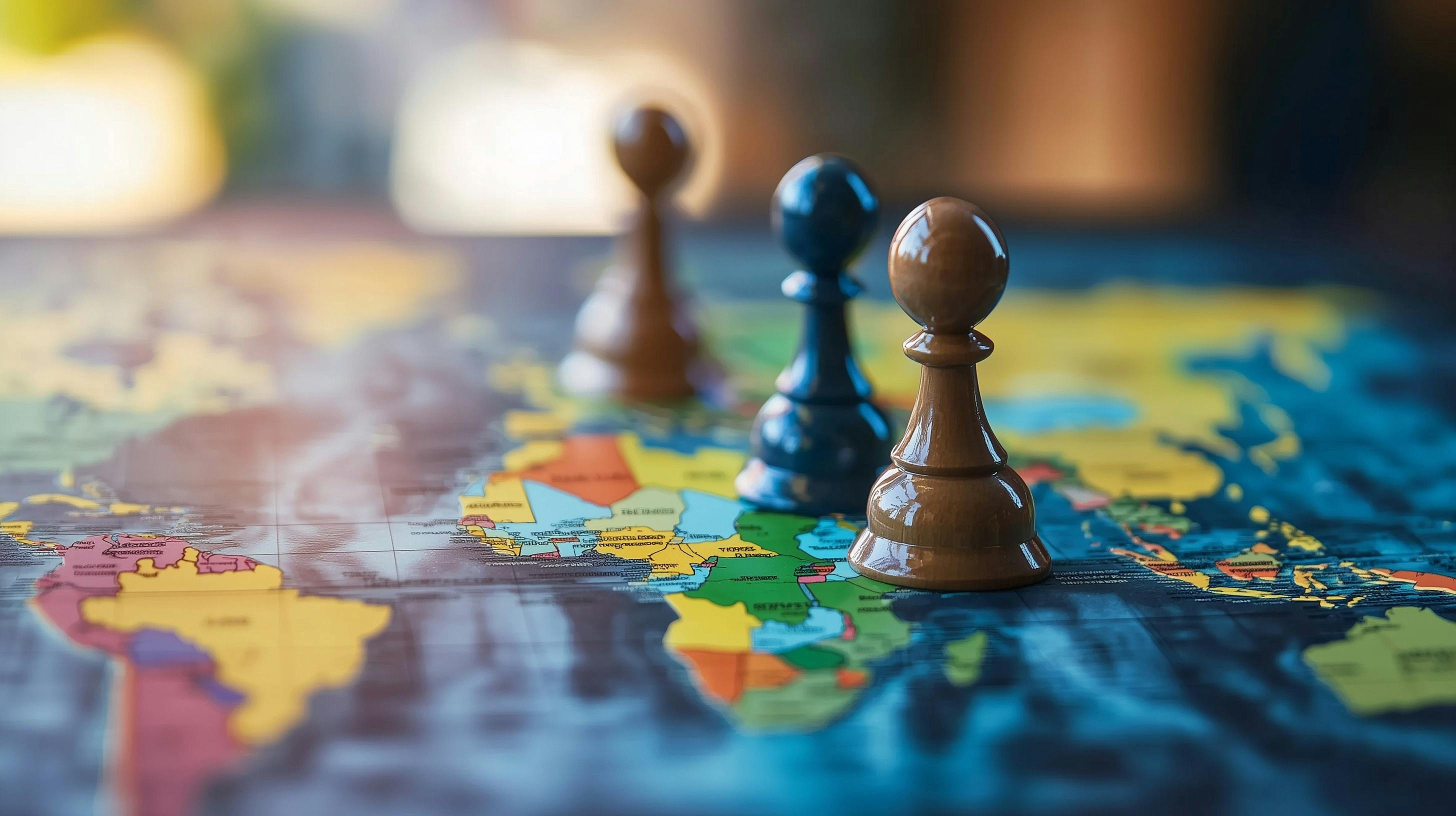 Wooden pawns on a world map symbolizing geopolitical strategy, economic control, sanction pressure, and political power.