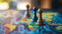 Wooden pawns on a world map symbolizing geopolitical strategy, economic control, sanction pressure, and political power.