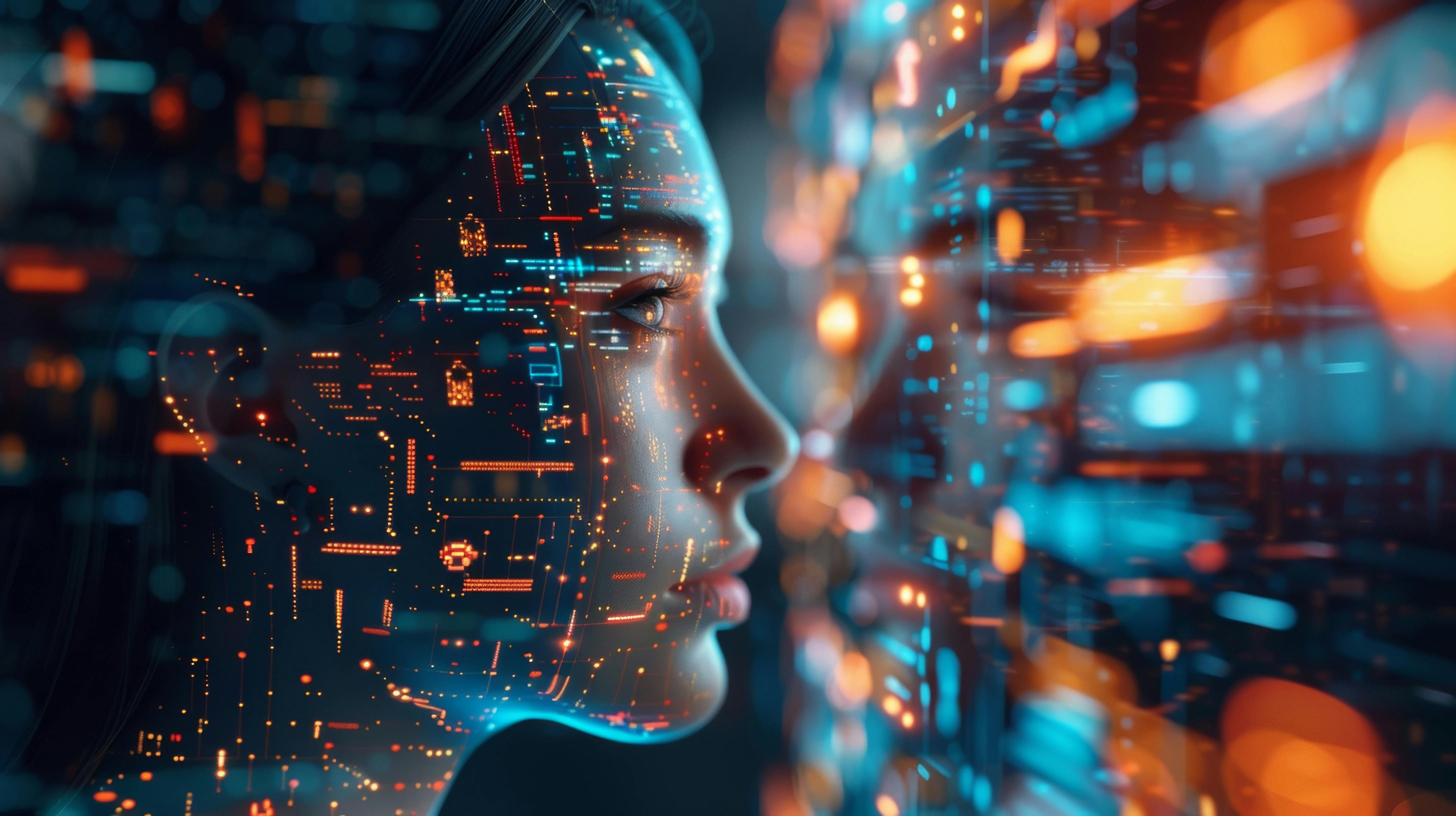 Digital data projected onto a woman's face, interacting with a complex futuristic interface of glowing lines and symbols, representing future technology.