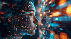 Digital data projected onto a woman's face, interacting with a complex futuristic interface of glowing lines and symbols, representing future technology.