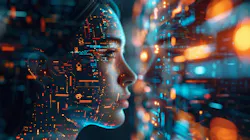 Digital data projected onto a woman's face, interacting with a complex futuristic interface of glowing lines and symbols, representing future technology.