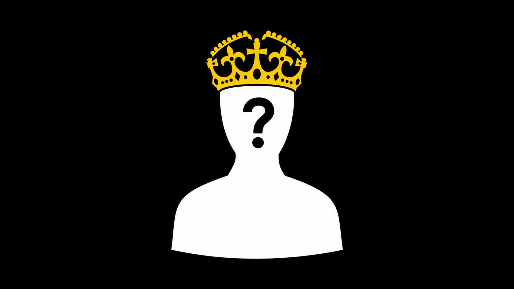 Crown of king and and person with question mark - doubtful ruler and sovereign