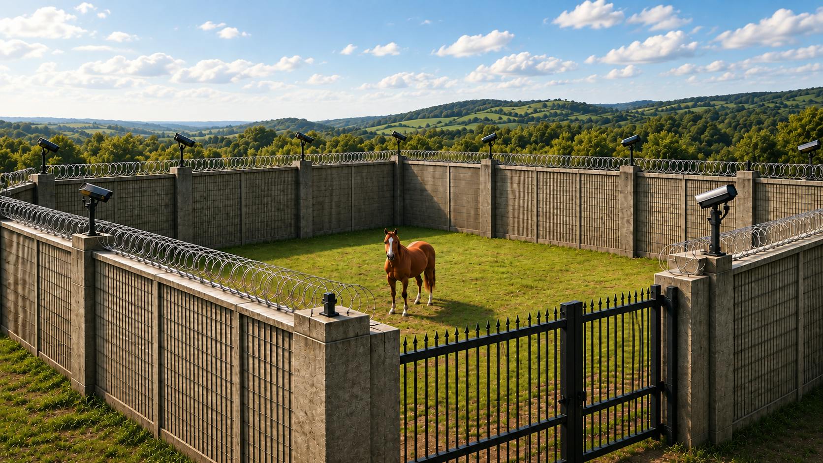 Horse in secure gate in rolling hills