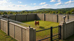 Horse in secure gate in rolling hills