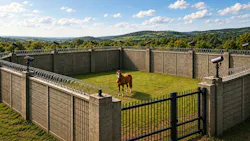 Horse in secure gate in rolling hills